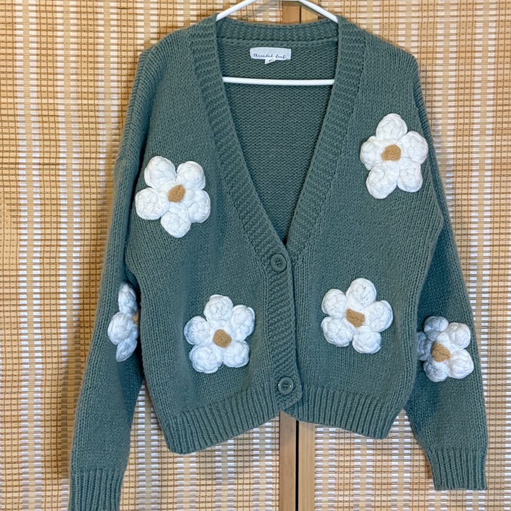 Threaded Leaf Sage Green 3D Daisy Floral Chunky Knit Cardigan Sweater Cottage